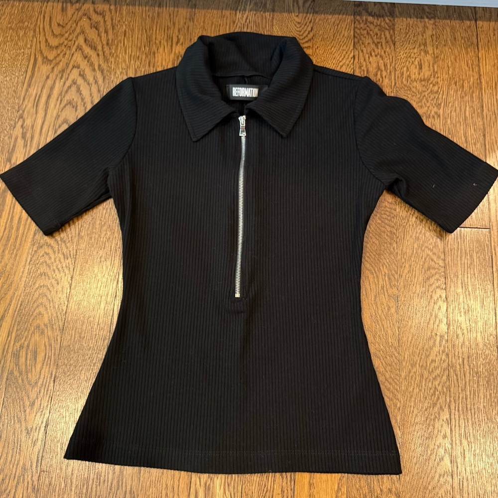 Reformation Black Short Sleeve Zip-Up Top
